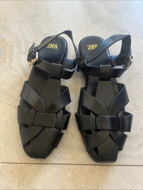 ZARA Black Braided Sandals with Gold Buckles